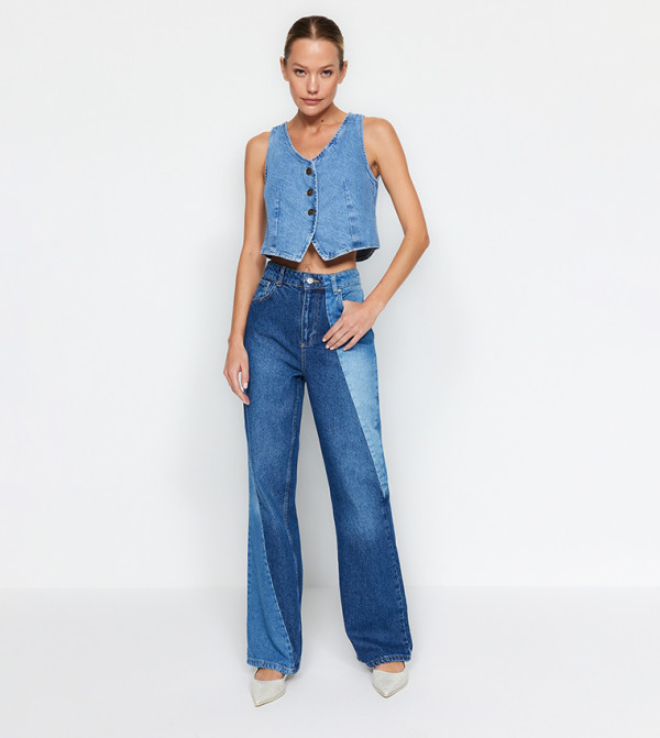 Long colour block jeans in 2 tones of blue