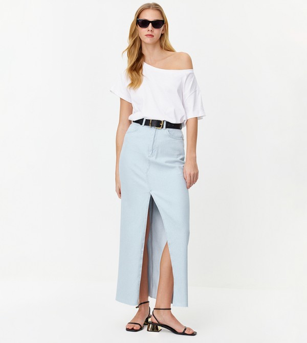 Buy Boohoo Foldover Waistband Pocket Detail Denim Maxi Skirt In Blue