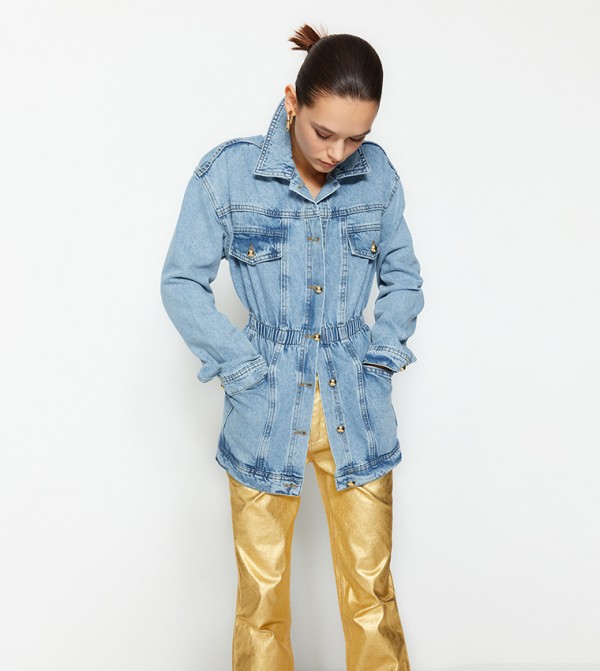 Buy Trendyol Elastic Waist Oversized Denim Jacket In Blue 6thStreet UAE