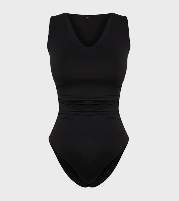 Black Plus Lace Inset Slinky Bodysuit