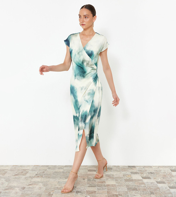 (4p. pack) Orange White Geometric V-Neck Printed Midi Dress - T-80 main image 0