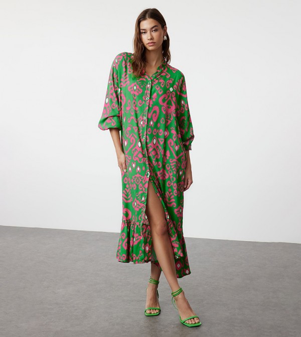 Printed Long Sleeves Midi Shirt Dress