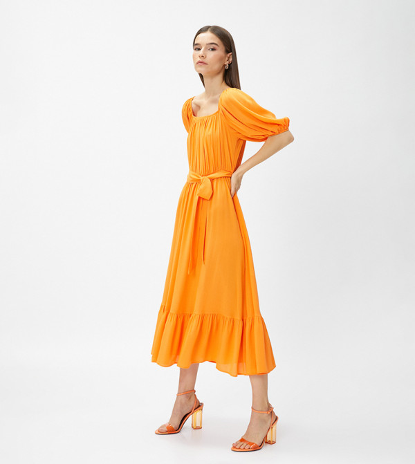 Solid Belt Detail Tiered Dress