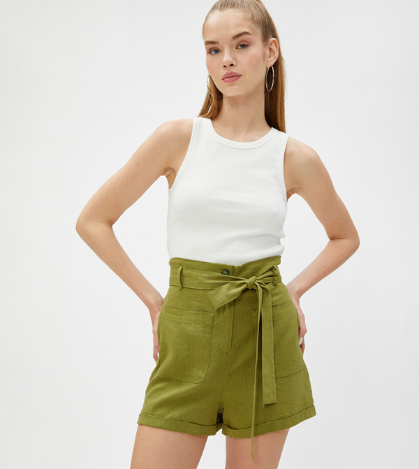 Belted Pocket Detail Linen Shorts