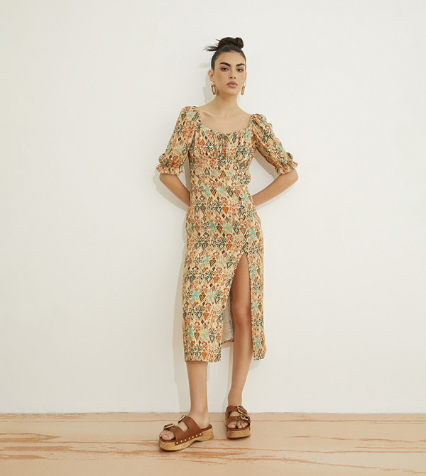 Patterned Puff Sleeves Midi Dress