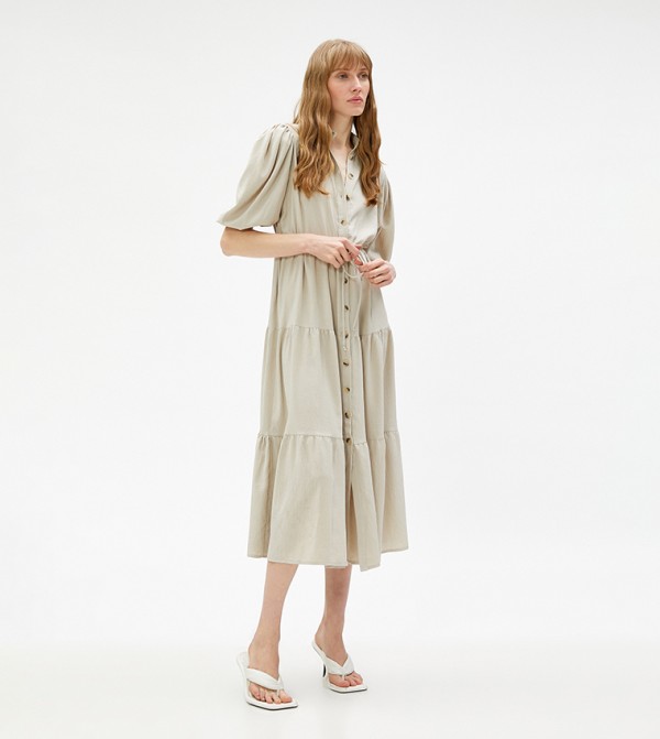 Solid Short Sleeves Midi Shirt Dress