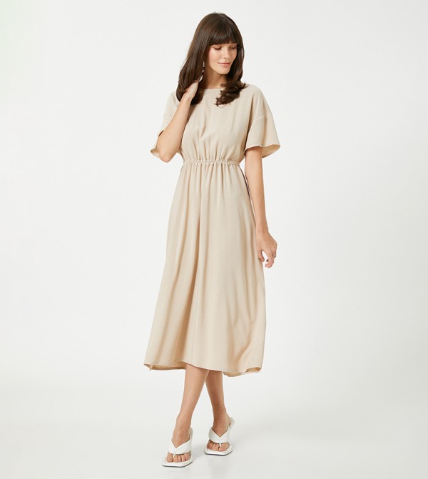 Solid Short Sleeves Shirred Waist Midi Dress