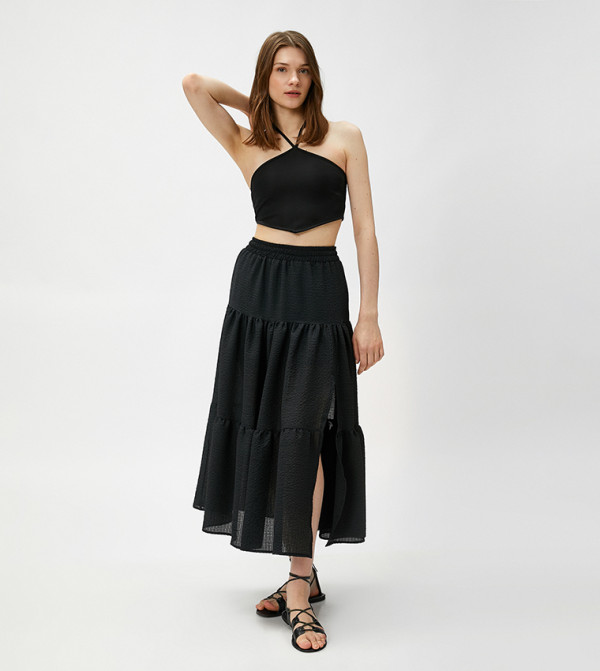 Elastic Waist Tiered Midi Skirt
