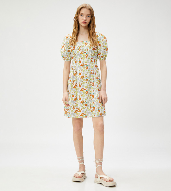 Floral Puff Sleeves Mini Dress