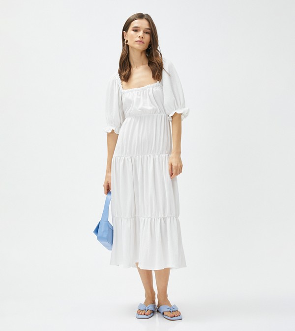 Puff Sleeves Tiered Midi Dress