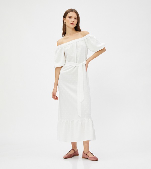 Off Shoulder Belted Midi Dress