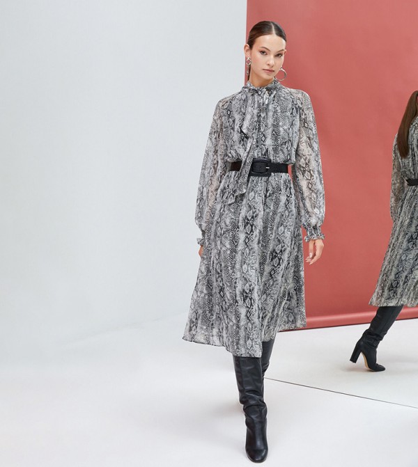 Snakeskin Print Smocked Detail Midi Dress