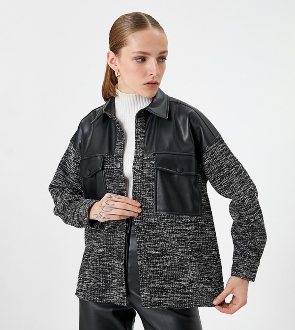 Faux Leather Patch Oversized Tweed Jacket