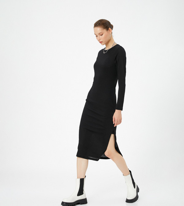 Solid Long Sleeves Pencil Dress with Slit