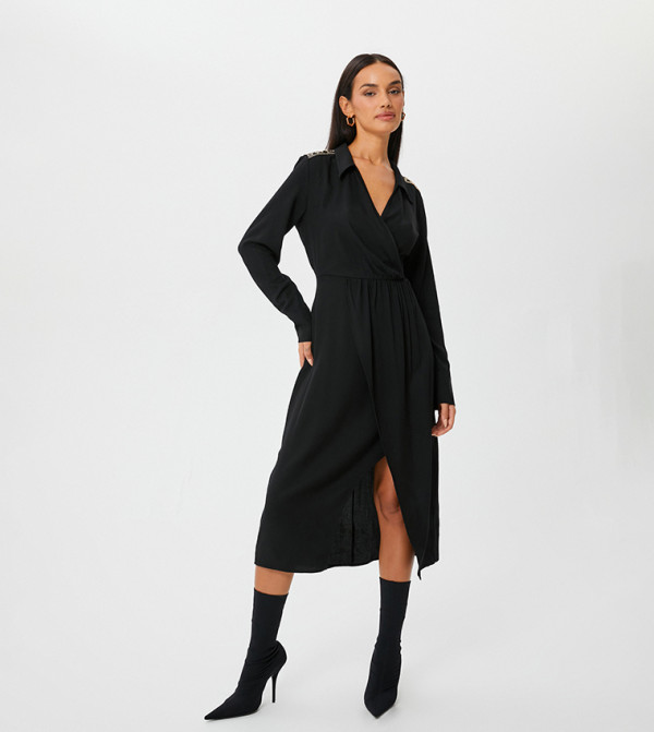 Embroidery Detail Wrap Midi Dress