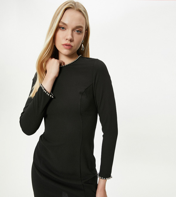 Beaded Detail Long Sleeves Mini Dress