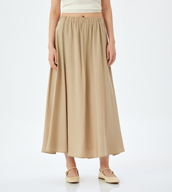 Solid Elastic Waist Midi Skirt