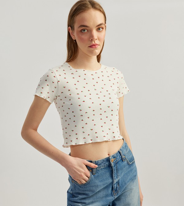Printed Crew Neck Crop Top