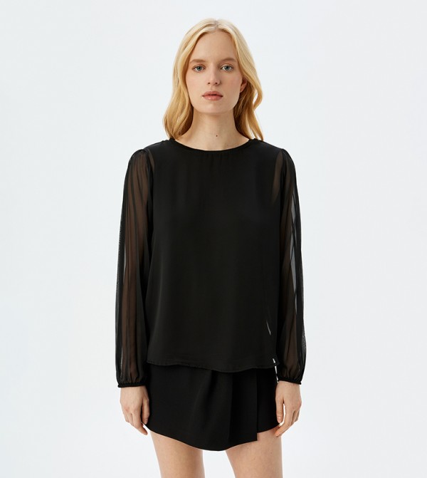 Sheer Sleeves Crew Neck Top