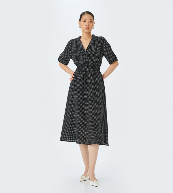 Polka Dot Printed Short Sleeves Midi Dress