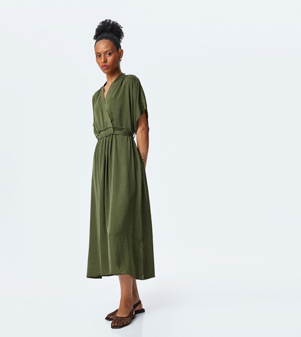 Short Sleeves Satin Midi Dress