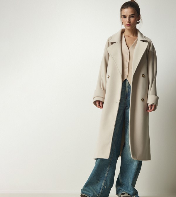 Buy Happiness İstanbul Double Breasted Oversized Cashmere Coat In Cream ...