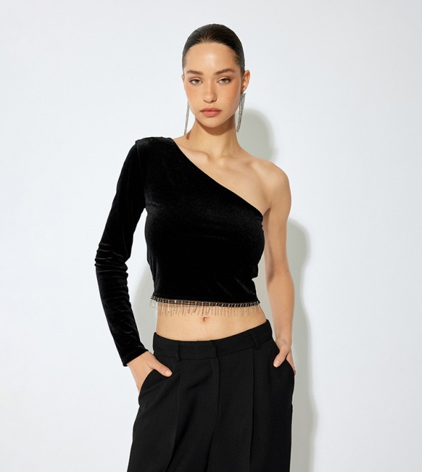 Embellished Fringe Detail One Shoulder Crop Top