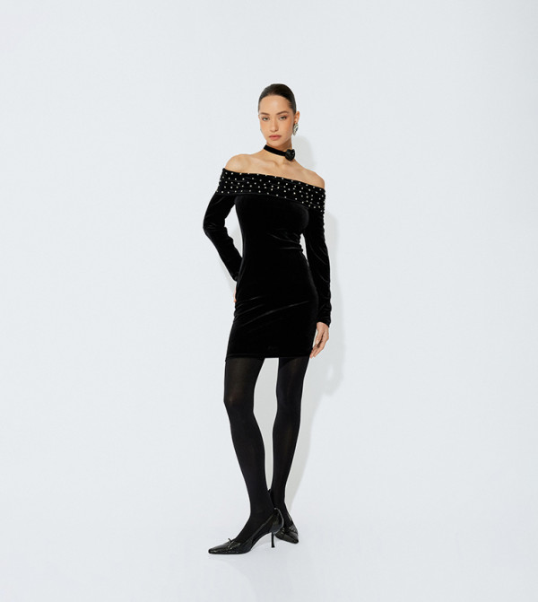Embellished Off Shoulder Velvet Mini Dress