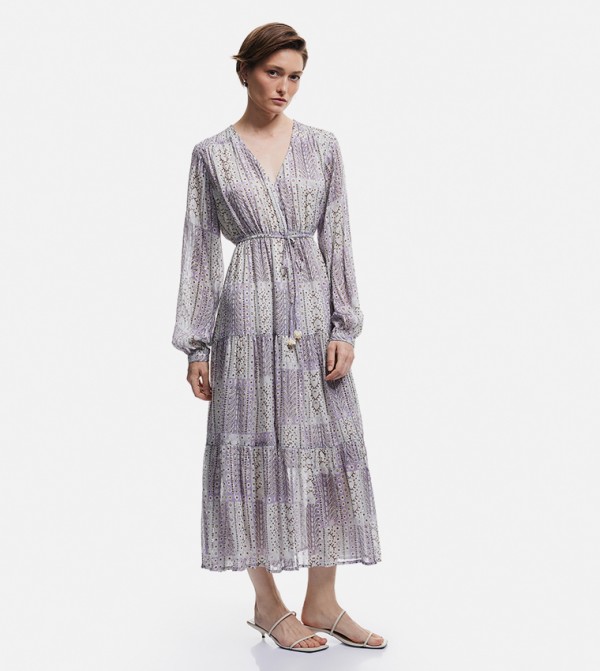 Printed Long Sleeves Chiffon Maxi Dress