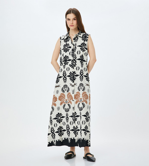 فستان ماكسي مزيج كتان بطبعة