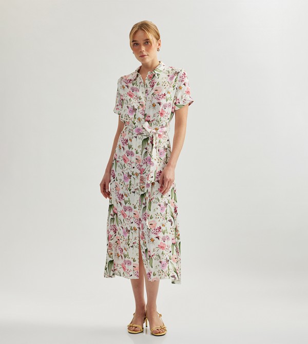 Floral Printed Short Sleeves Shirt Dress