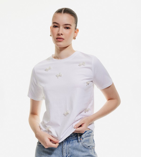 Bow Appliqued Short Sleeves T-Shirt