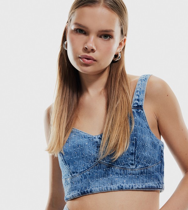 Sequined Strappy Denim Crop Top