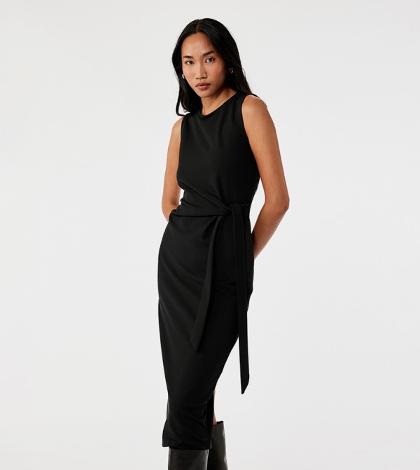 Belted Crew Neck Sleeveless Midi Dress