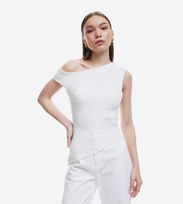Textured Asymmetric Shoulder Top
