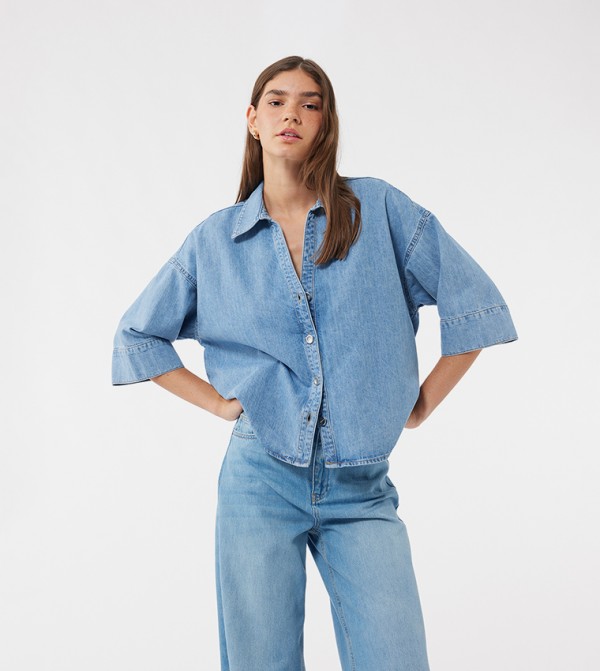 Washed 3/4 Sleeves Denim Shirt