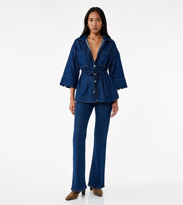 Drawstring Waist 3/4 Sleeves Denim Shirt