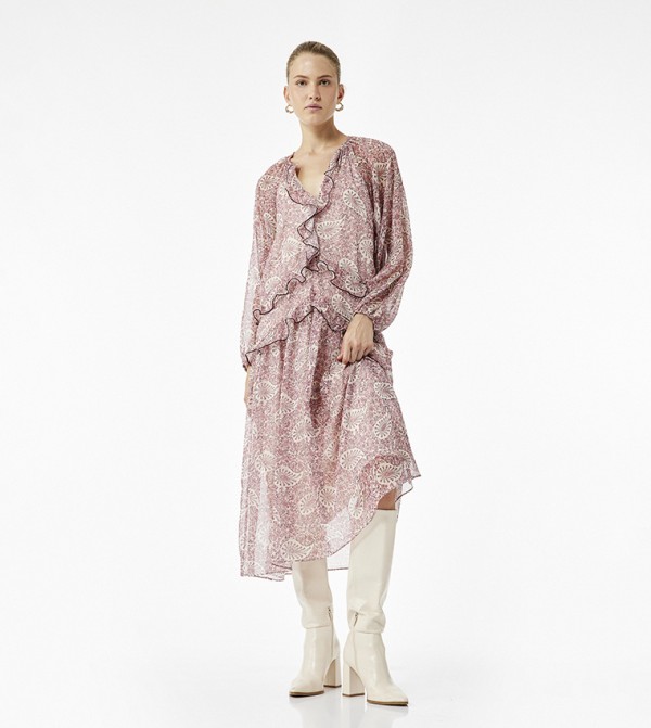 Patterned Ruffled Midi Dress