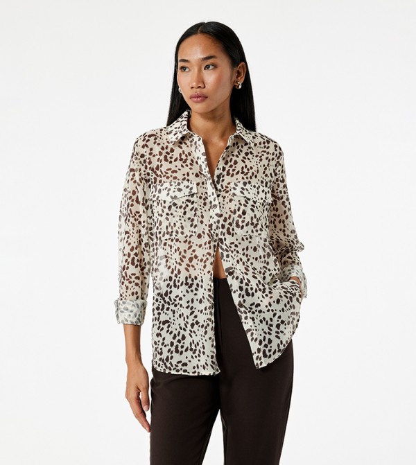 قميص شيفون منقوش بأكمام طويلة