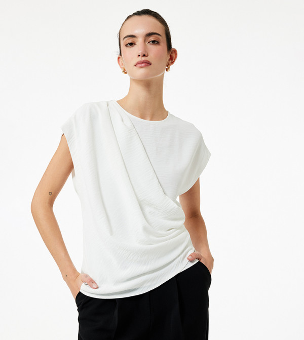 Solid Short Sleeves Pleated Top