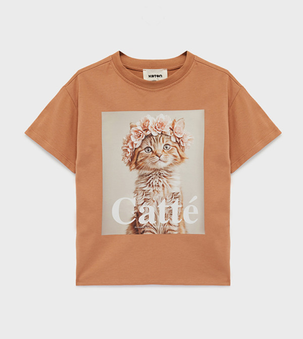 تيشيرت قطن بطبعة قطة وقبة مستديرة