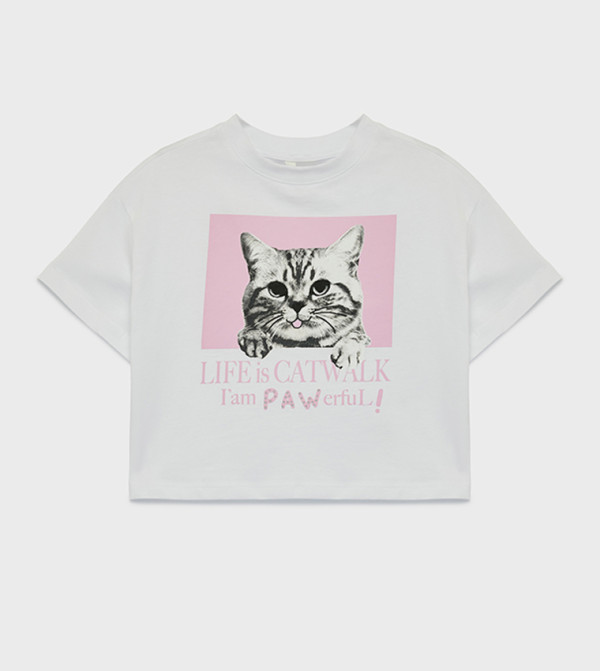 Cat Printed Crew Neck Cotton T-Shirt