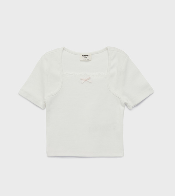 Bow Detail Square Neck Cotton T-Shirt