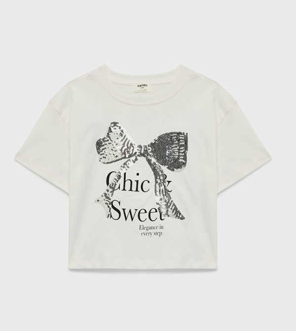 تيشيرت قطن مزين بالترتر وقبة مستديرة