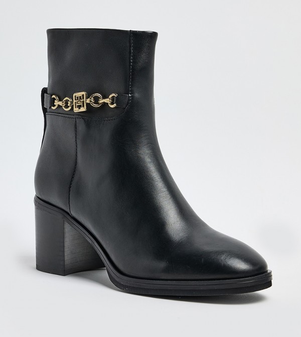 Textured Block Heel Leather Ankle Boots