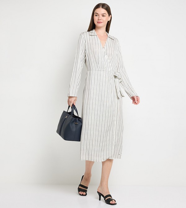 Striped Belted Wrap Dress