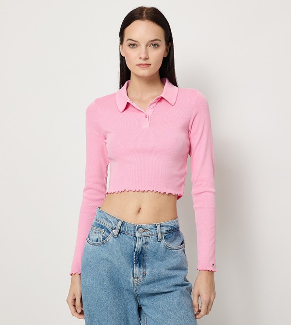 Ribbed Collared Crop Polo T-Shirt