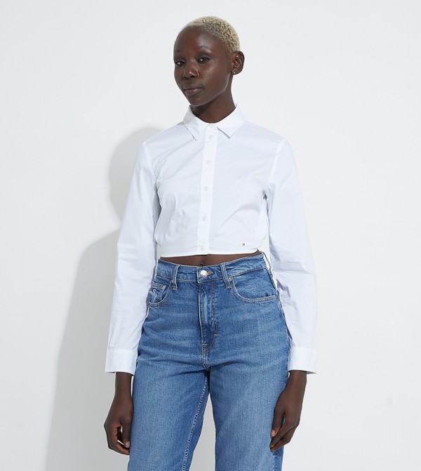 Solid Long Sleeves Cropped Shirt