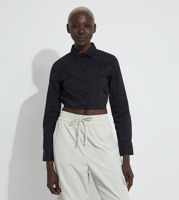 Solid Long Sleeves Cropped Shirt