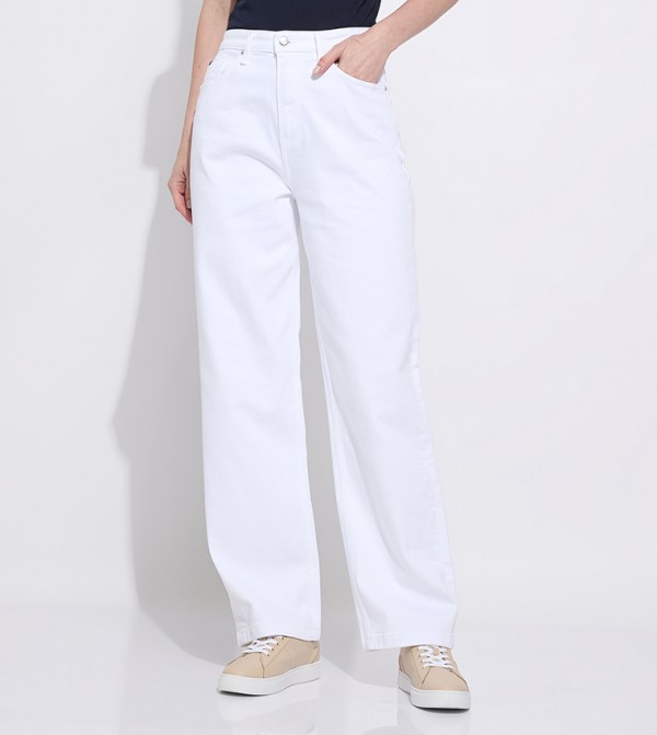 Feather Trim High Waist Straight Leg Jeans